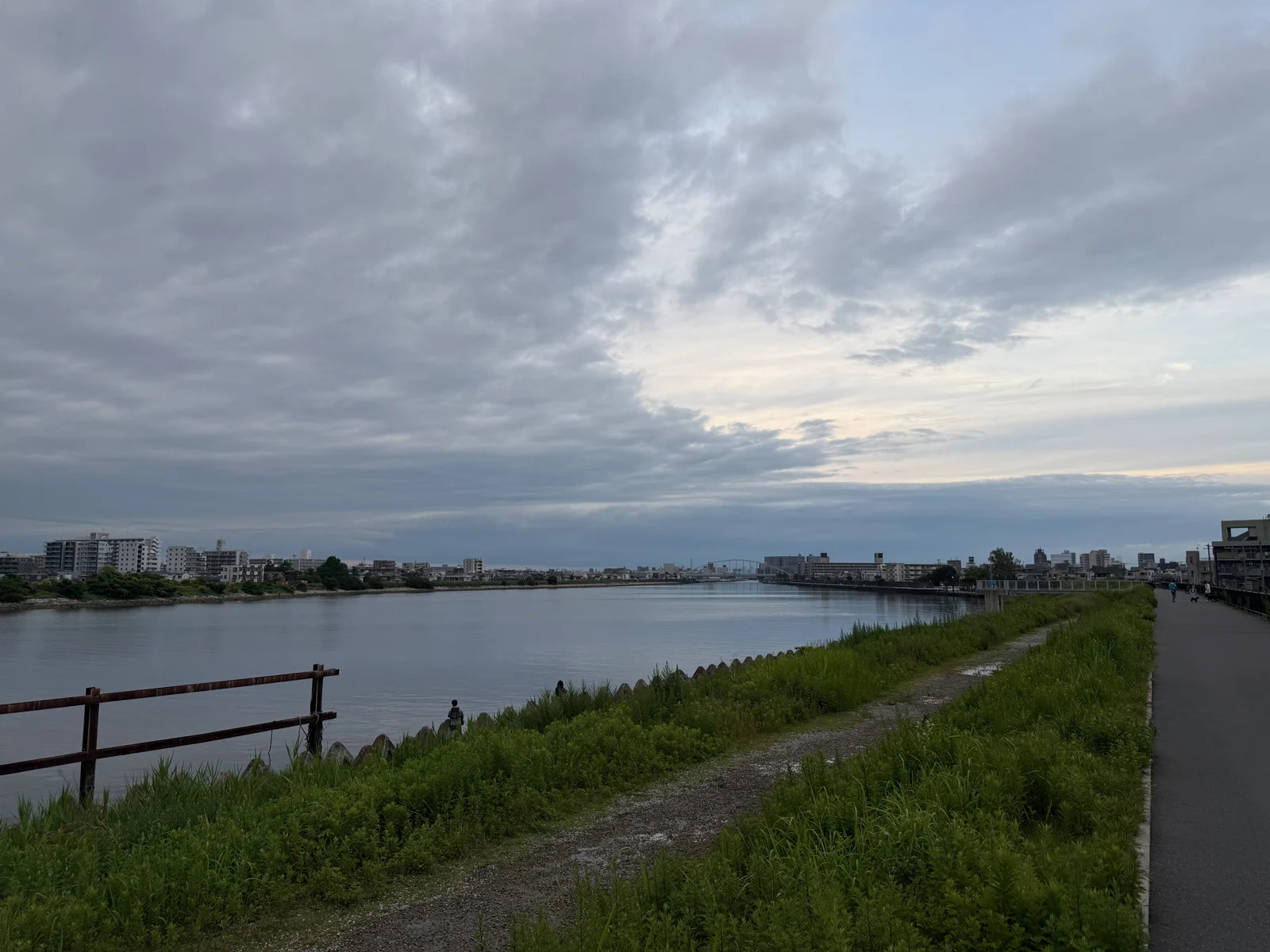 An evening view along the river in Urayasu, with a grassy bank, walking path, and cloudy sky.