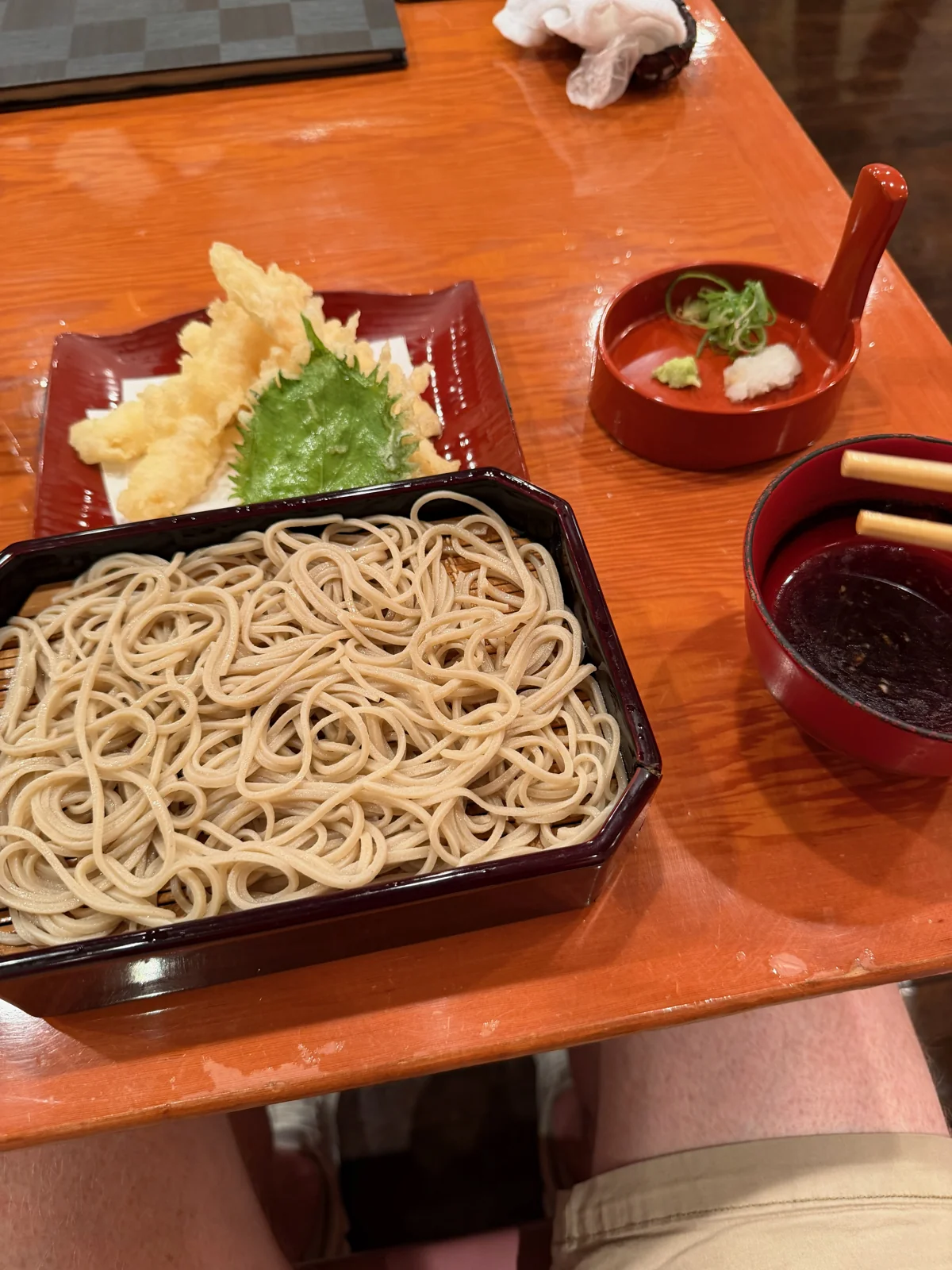 Soba noodles and tempura on a tray in Ginza.