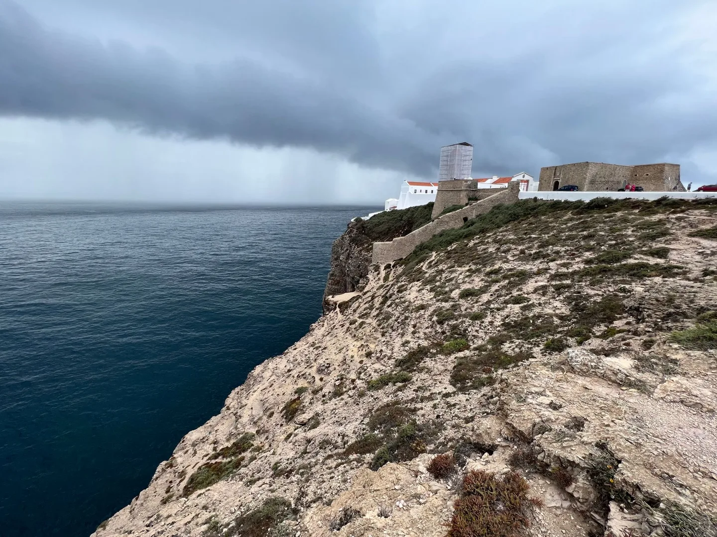 Lighthouse on a rocky headland beneath gray clouds