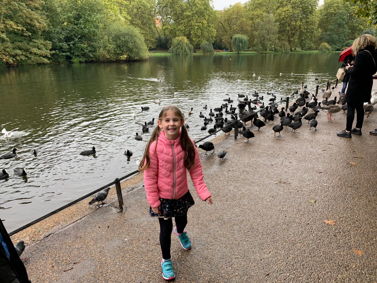 Child beside ducks on a riverside path
