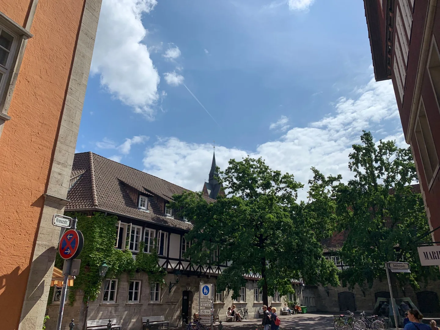 Quiet street and trees near half-timbered buildings