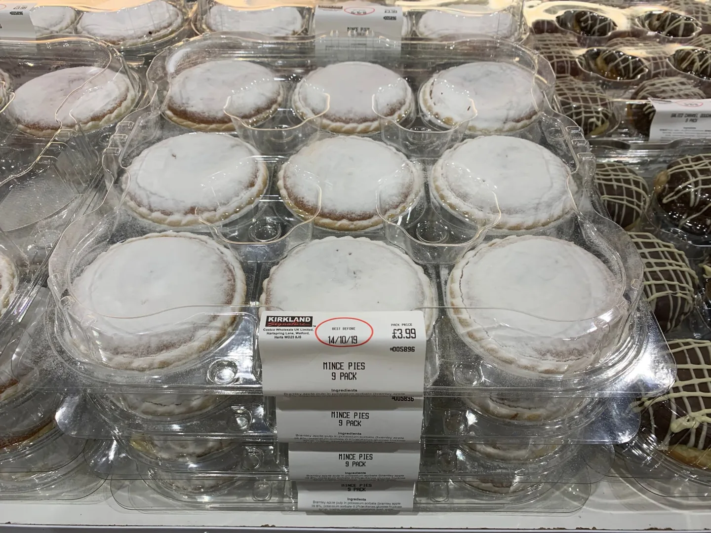 Packaged pies in a supermarket display