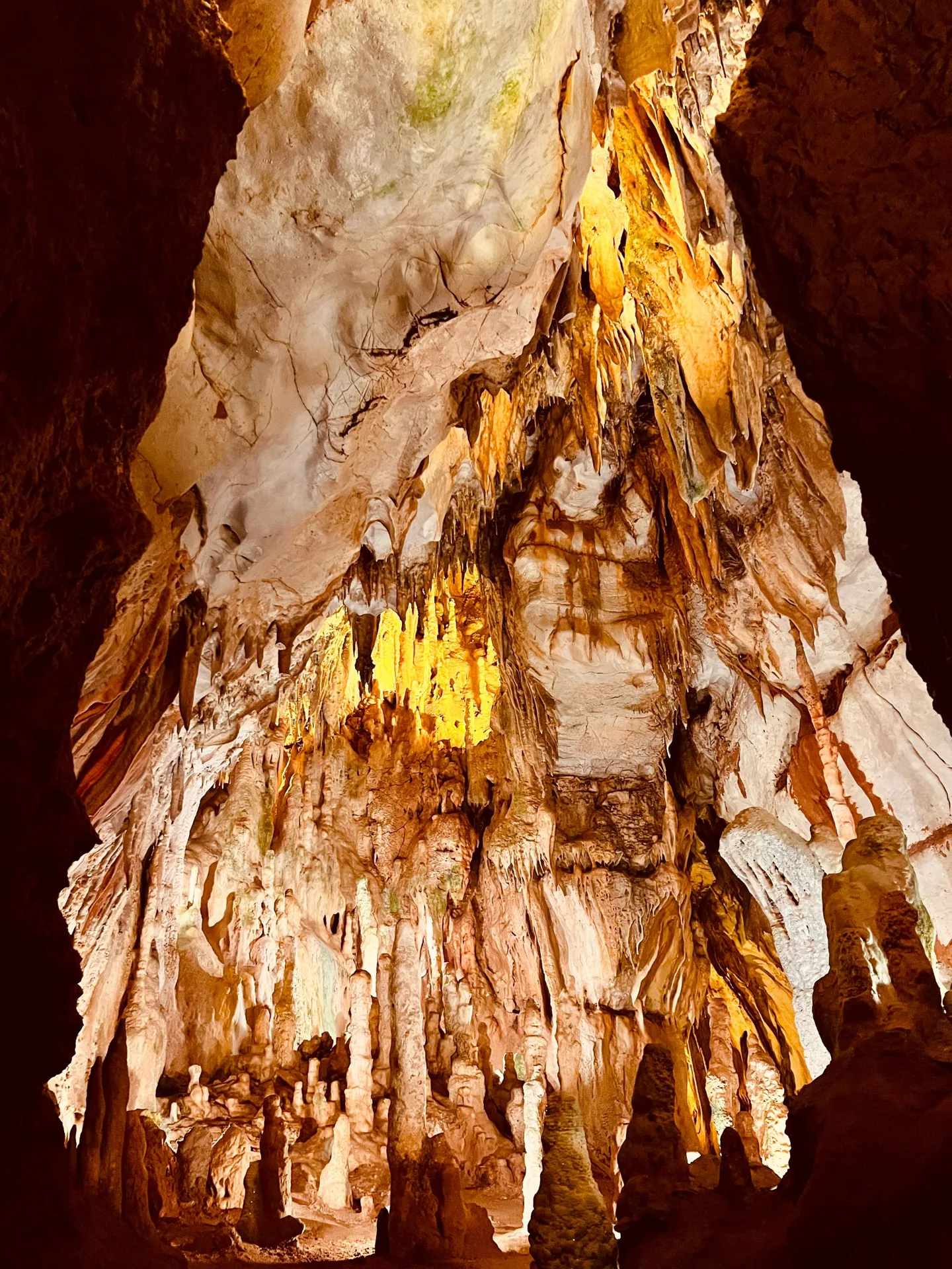 Hanging rock formations lit from below