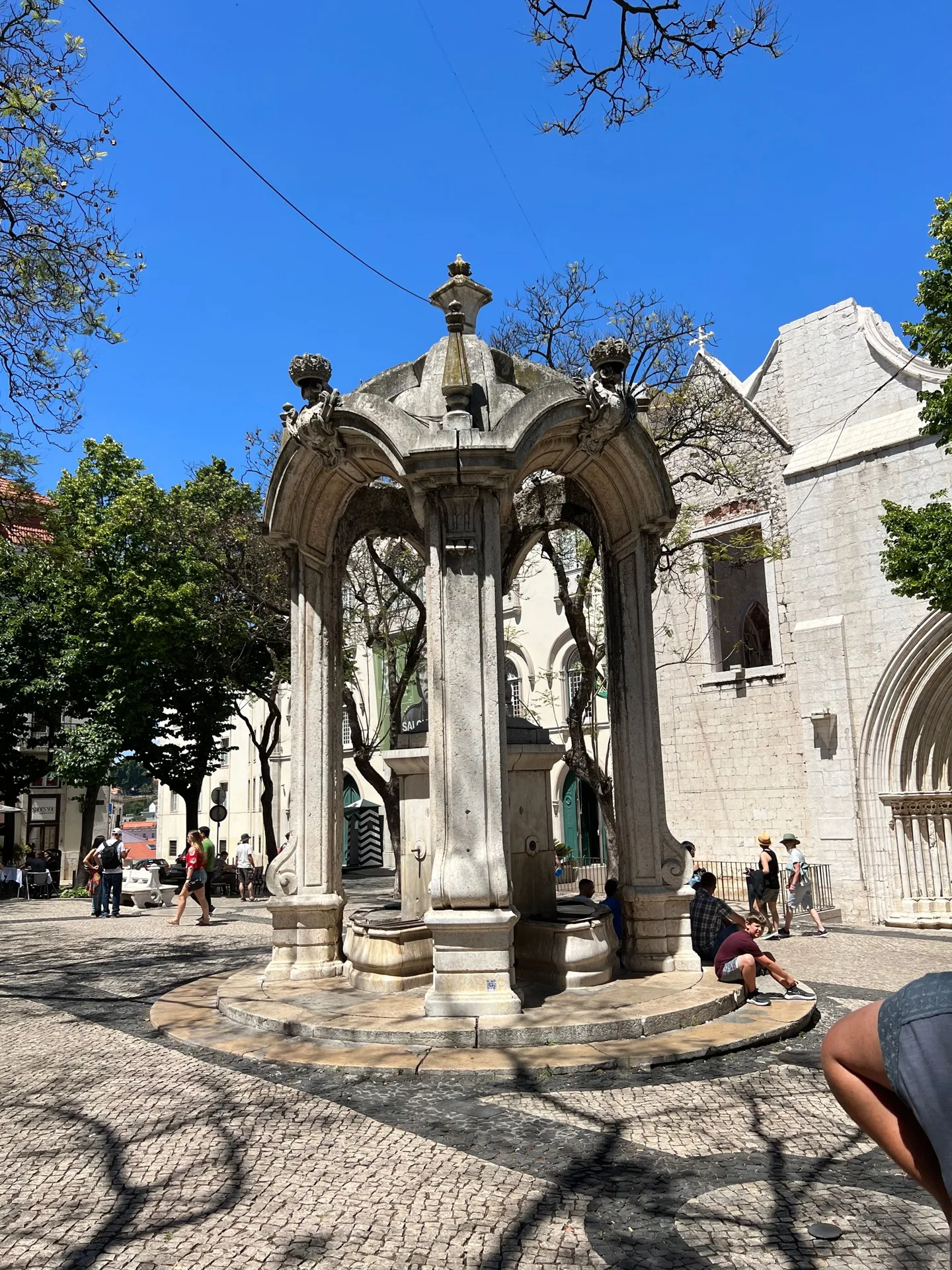 Ornate stone gateway beneath trees