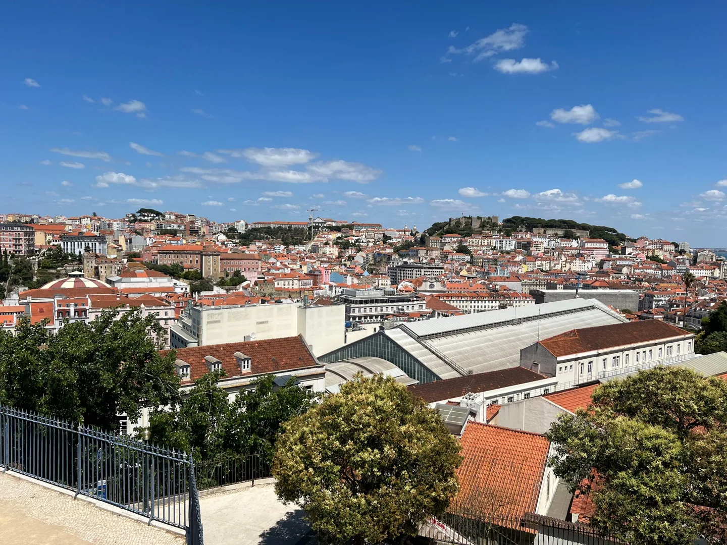 Rooftops and hills of Lisbon beneath a blue sky