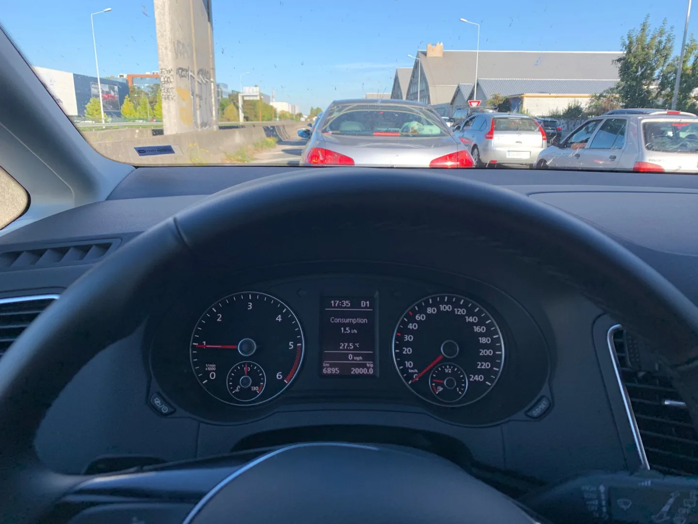 Car dashboard with traffic ahead