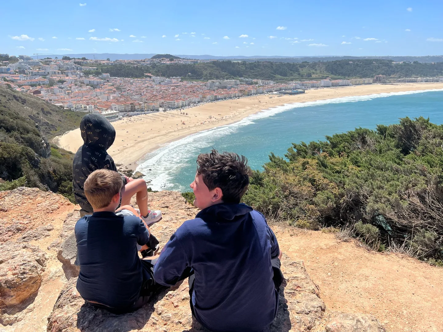 Children looking across Nazaré beach