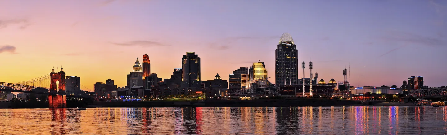 Cincinnati skyline reflected in the river at sunset