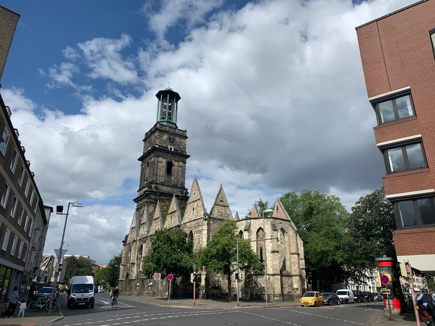 Hannover street with a church tower