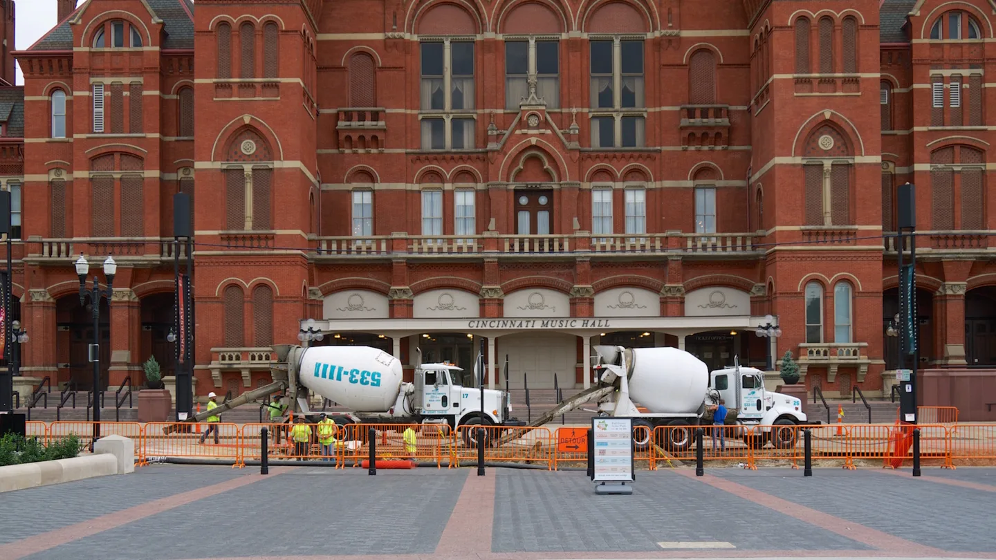 Streetcar construction outside Cincinnati Music Hall