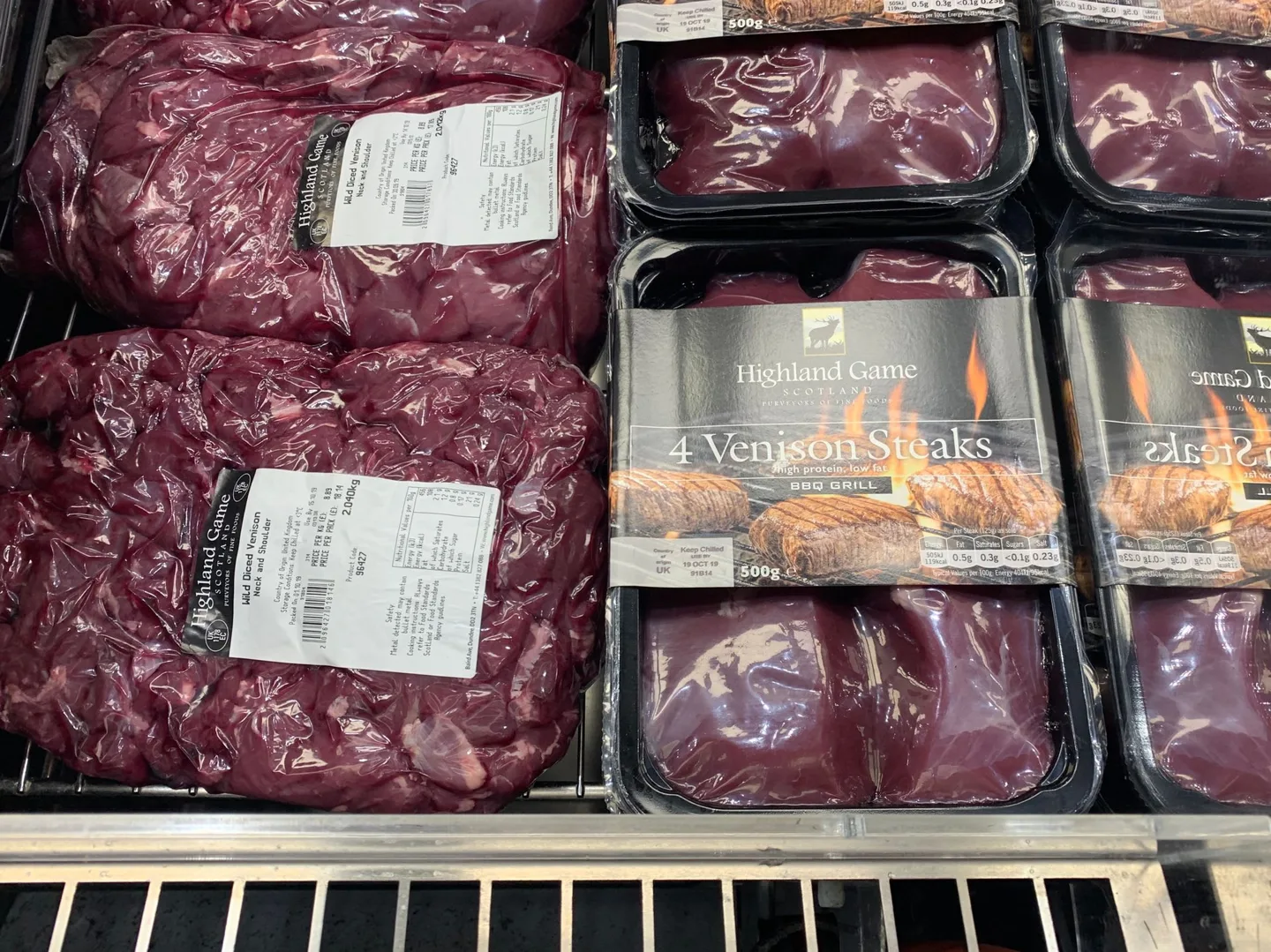 Packages of steak in a chilled display