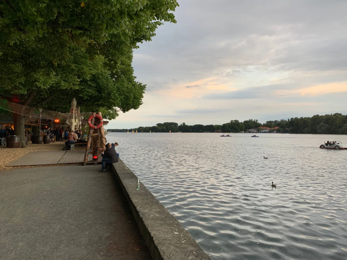 Lakeside promenade at dusk