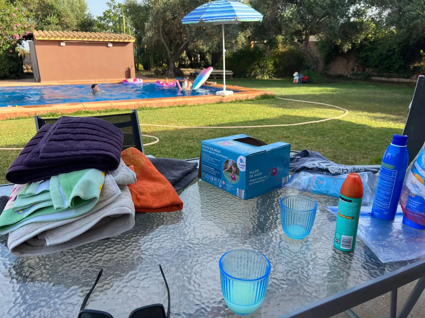 Towels and drinks beside the garden pool