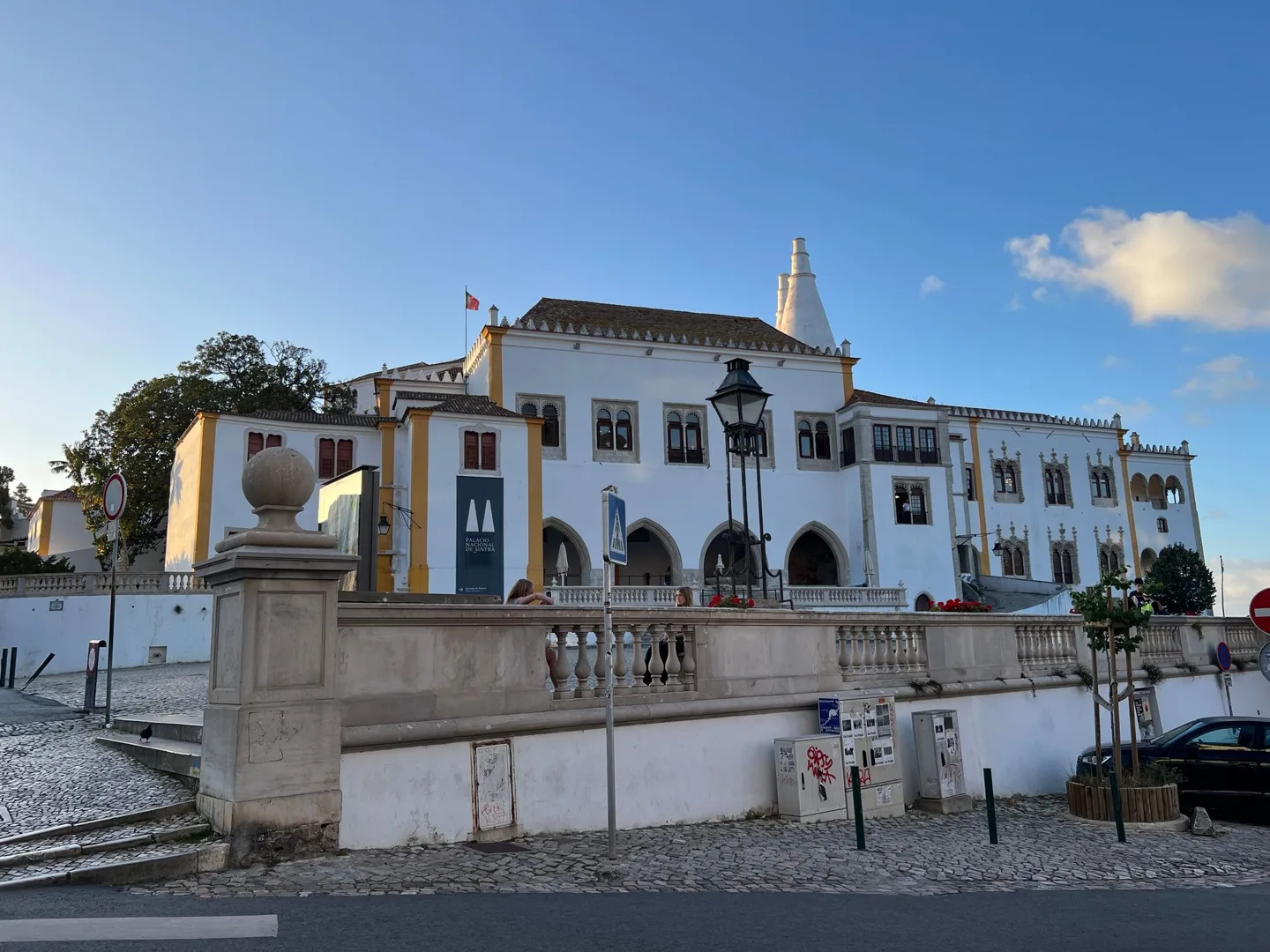 White buildings around a town square