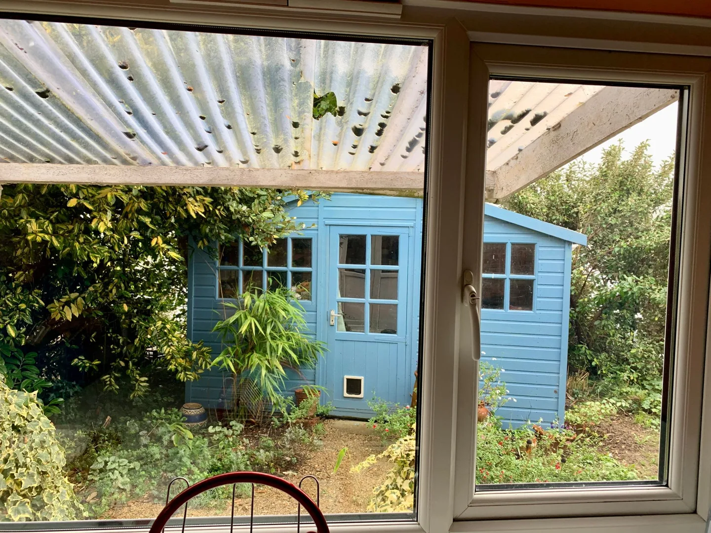 Garden and blue doors viewed through a conservatory window