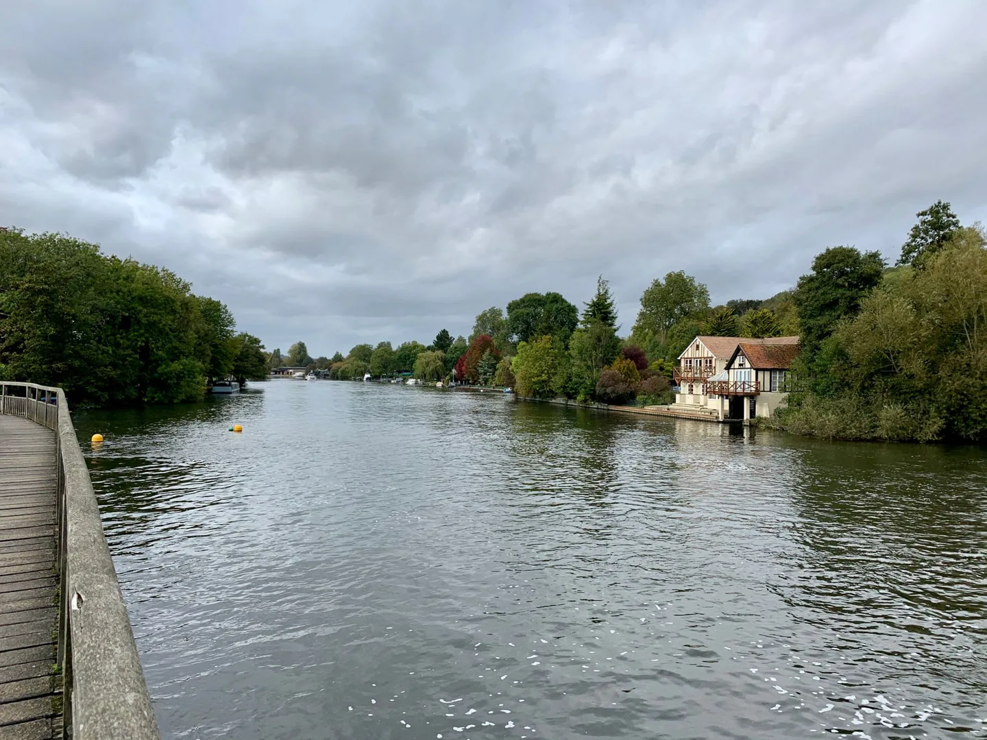 Calm river bordered by trees and houses