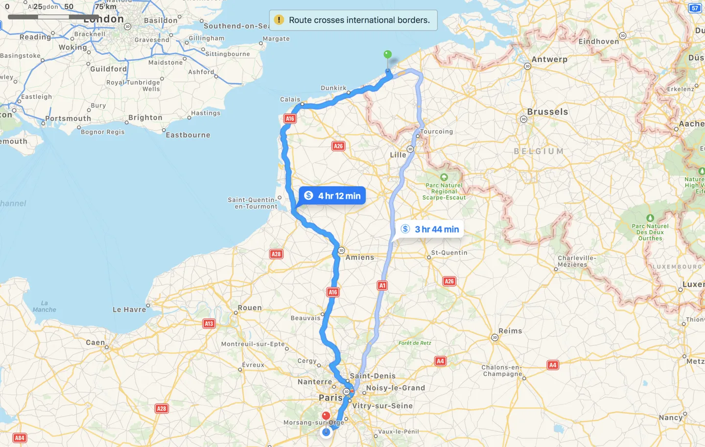 Map of the drive through northern France