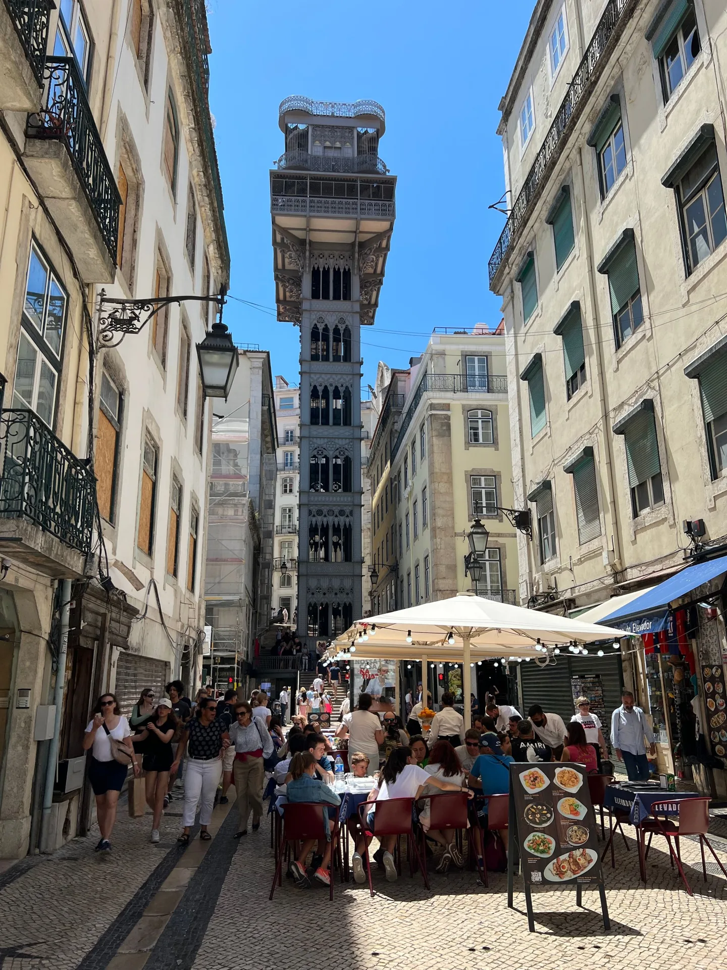 Santa Justa Lift above a narrow Lisbon street
