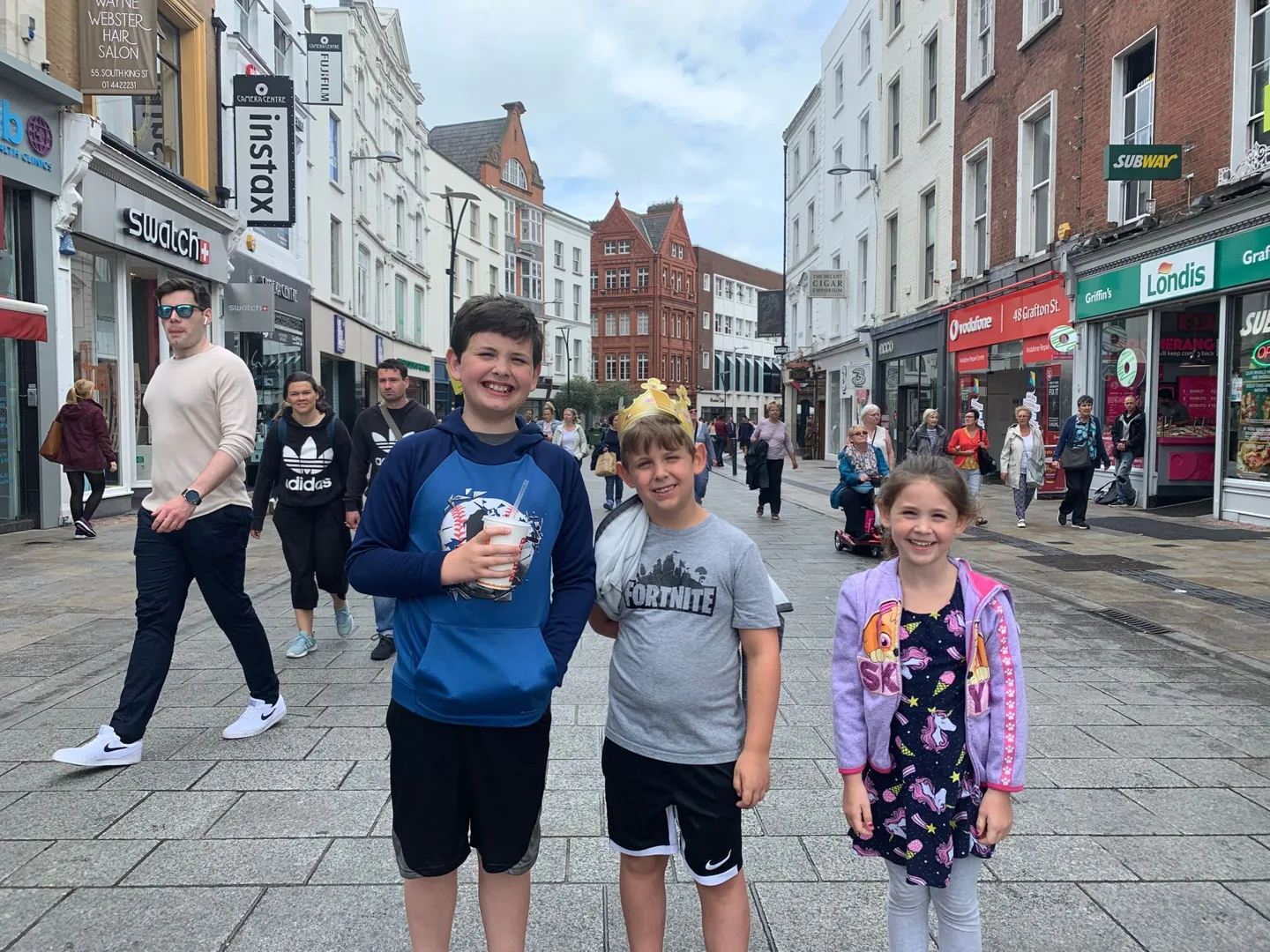 Children on a busy pedestrian street in Dublin