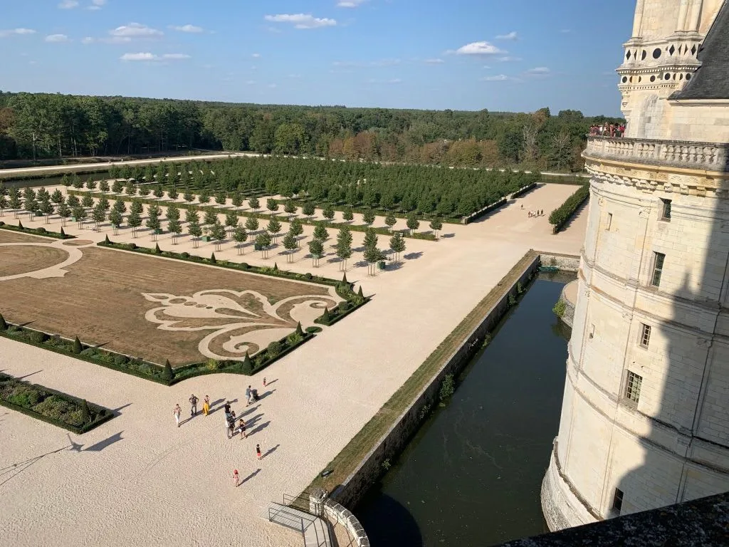 Geometric garden beds viewed from the château