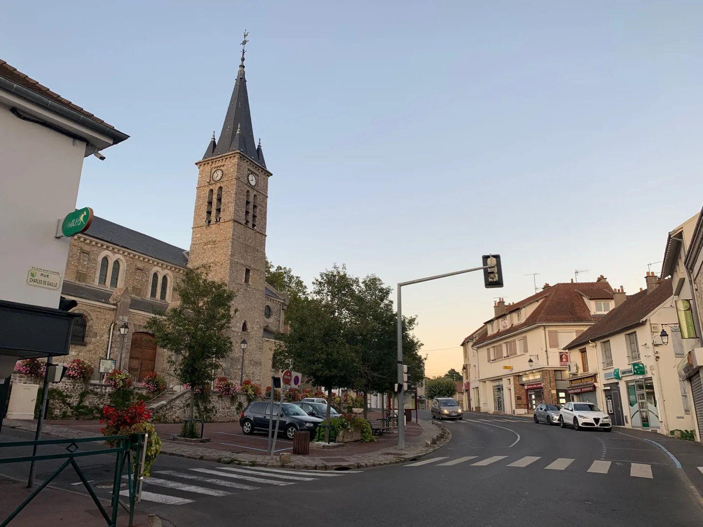 Church tower above a French village square