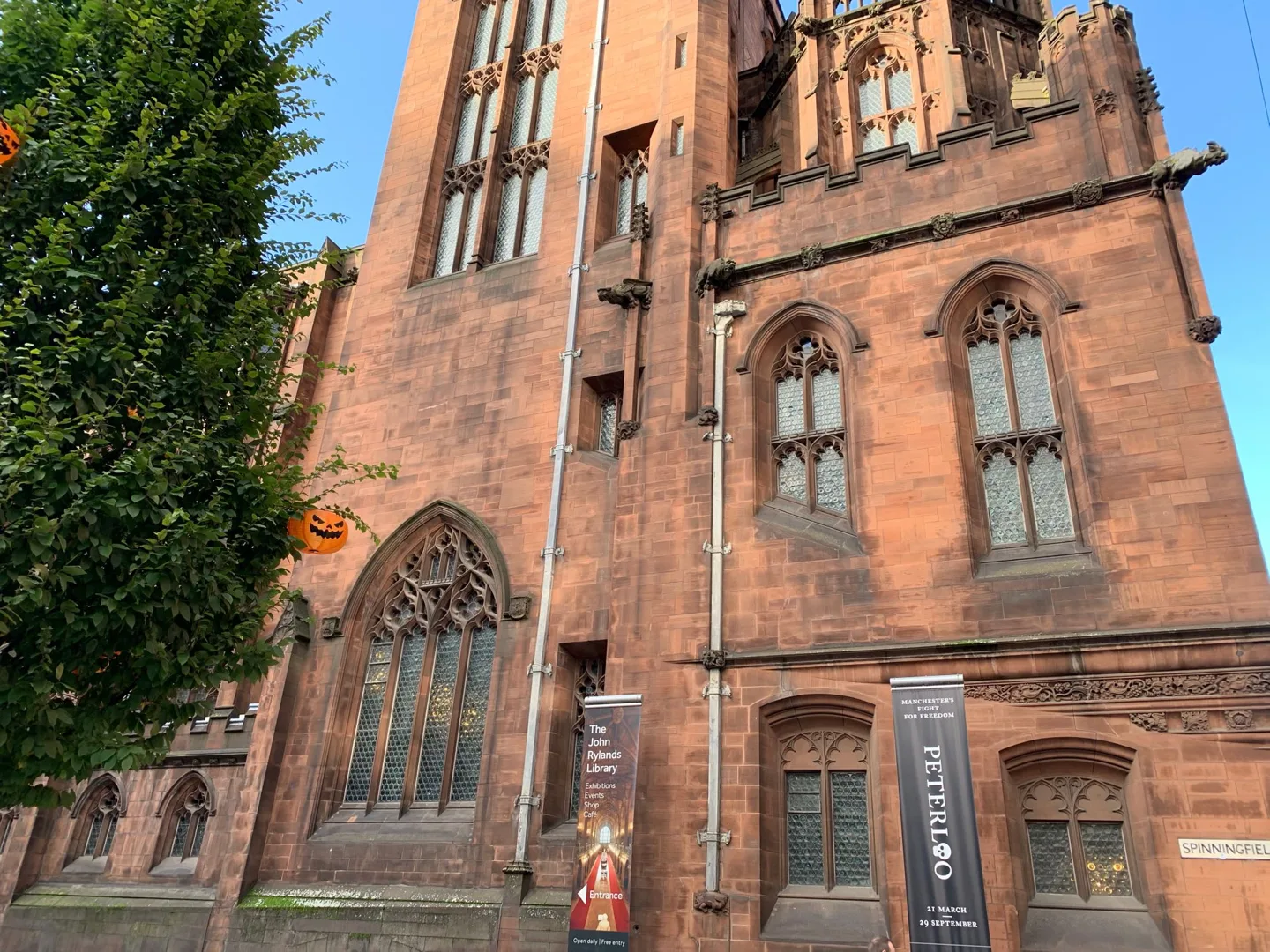 Red sandstone exterior of the John Rylands Library