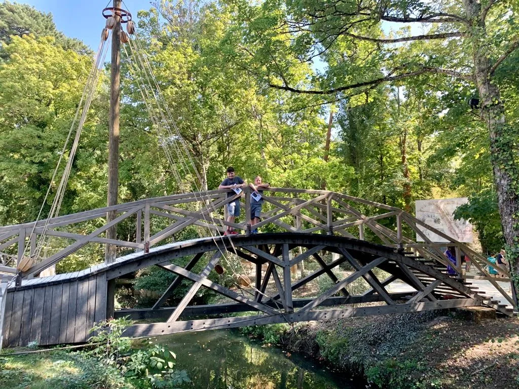 Arched wooden bridge among trees
